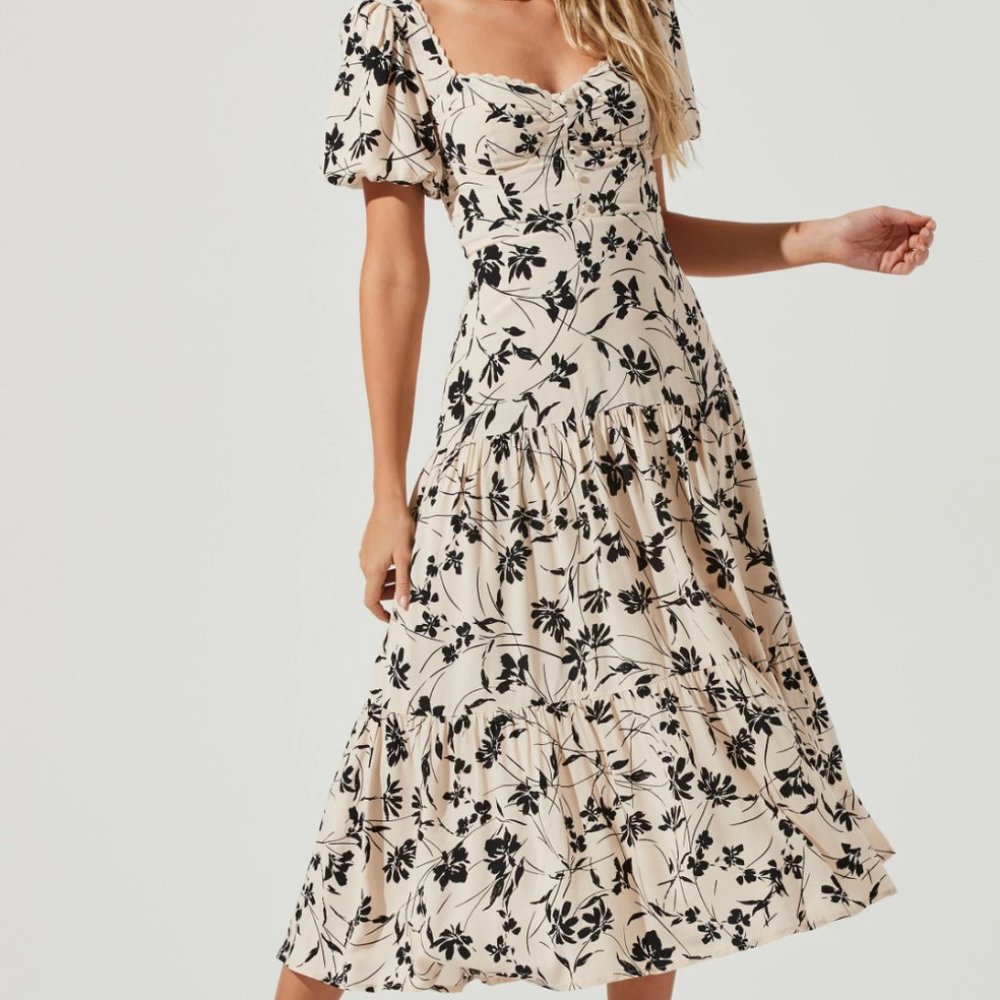 ASTR The Label Baldwin Black Cream Floral Print Puff Sleeve Midi Dress L